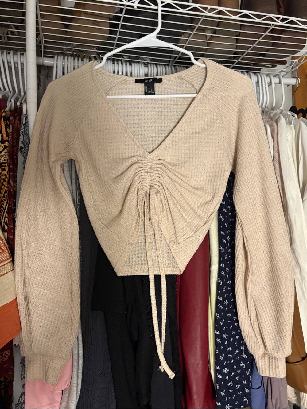 Forever 21 Beige Waffle-Knit Ruched Drawstring Crop Top